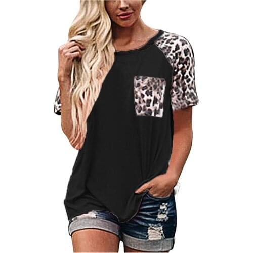 Women Fashion T Shirts O-neck Splicing Leopard Printed Tee Cotton Soft Short Sleeve T Shirt Pullover For 2021 Summer Femme Tops