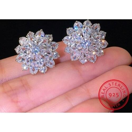 S925 Sterling Silver Crystal Snowflake Stud Earrings For Women White Blue Sapphire Stone Green Zircon Wedding Earrings Jewelry