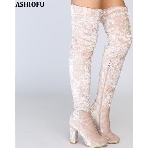 ASHIOFU Handmade Womens Thigh High Boots Snow-flakes Winter Boots Chunky Heel Club Evening Party Fashion Long Boots Shoes