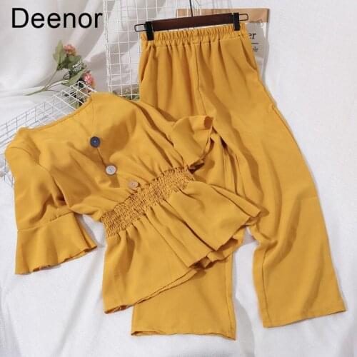 Deenor 2021 New Spring Summer Fashionable V Neck Elastic Waist Ruffles Hem Blouse High Waist Slim Wide Leg Pants Two Piece Set
