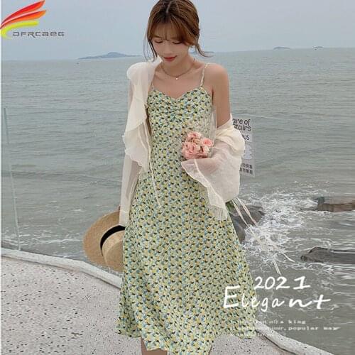 Two Pieces Set Summer Dress For Women 2021 New Arrivals Blue Or Green Color V Neck Spaghetti Strap Floral Chiffon Dress Hot Sale