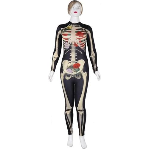 Halloween 3D Gold Rose Skeleton Bone Costume Adult Women Scary Cosplay Catsuit Outfit Terror Long Sleeves Jumpsuit Bodysuit Lady