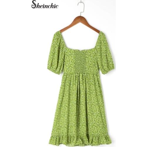 Vintage Elegant Green Floral Printed Mini Dresses for Women Summer Casual Short Sleeve Chiffon Dress Vetement Femme 2021
