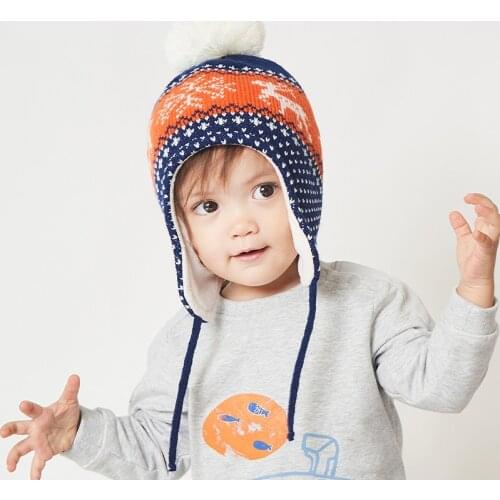 Boy Hat Winter Earflap Beanie Girl Kids Knit Fleece Lining Pompom Deer Dobby Warm Autumn Skiing Outdoor Accessory For Toddlers