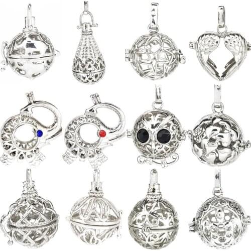5pcs Hollow Cage Filigree Elephant Crystal Wings Ball Box Diffuser Perfume Locket Pendants For DIY Essential Oil Jewelry