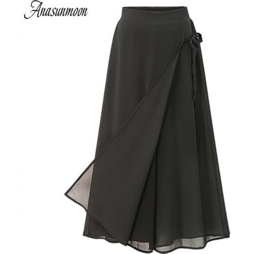ANASUNMOON Summer European Style Plus Size 5XL Women Trousers Casual Loose Chiffon Calf- Length Pants Black Wide Leg Ladies Pant