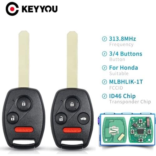 KEYYOU Remote Car Key Control For Honda Accord CR-V HR-V Fit City Jazz Odyssey Shuttle Civic MLBHLK-1T 313.8MHZ ID46 Chip