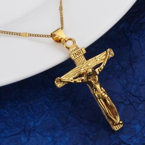 Jesus Cross Pendant Necklace Religion Crucifix INRI Trendy Gold Color Cross Chain Jewelry