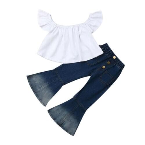 Boutique kids clothing Toddler Kids Girls Outfits Clothes Off Shoulder Crop Tops+Jeans bell-bottomed pants 2pcs Set