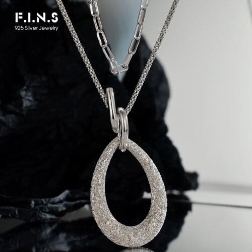 F.I.N.S Exquisite 100% S925 Sterling Silver Necklace Long Thick Chain Big Waterdrop Pendant Necklace Texture 925 Silver Jewelry