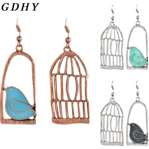 GDHY Creative Birdie And Birdcage Earrings Bronze Irregular Design Vintage Enamel Feminine Charm Earrings Fashion Gift kolczyki