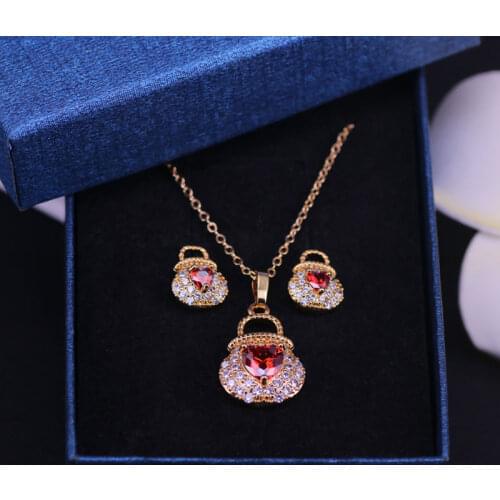 Many colors heart & lock rose gold jewelry for women stud earrings necklace set a very pretty birthday present in store