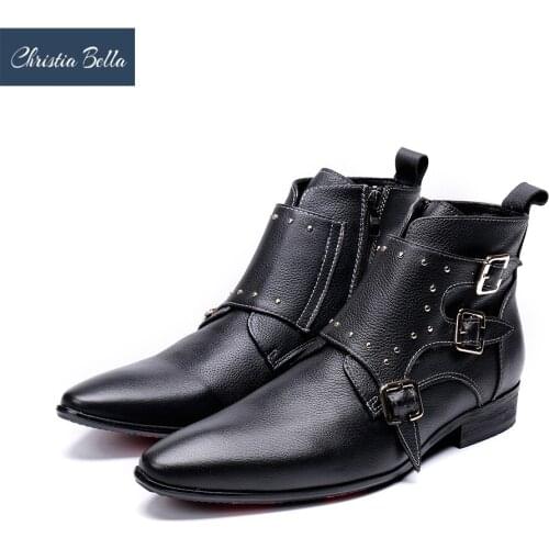 Christia Bella Autumn Solid Buckle Strap Men Shoes Genuine Leather Boots Fashion Pointed Toe Boots Big Size Zipper Ankle Boots