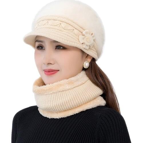 New Women Winter Hat Keep Warm Cap Add Fur Lined Hat & Scarf Two Pieces Set Hat For Female Casual Rabbit Fur Bucket Knitted Hat