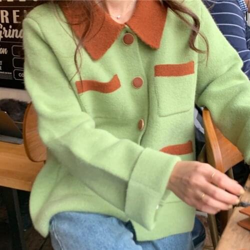 2021 Spring New Temperament Retro Heavy Industry Bag Buckle Color Matching Lapel Lazy Loose Knitted Sweater Cardigan Jacket