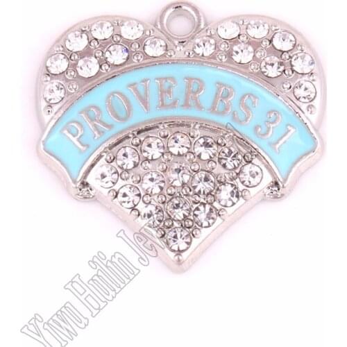 New Arrival 20 pcs a lot rhodium plated PROVERBS 31 with sparkling crystals heart pendant