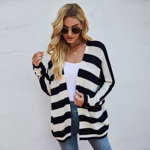 Autumn Winter Striped Knitted Cardigans Sweater Women 2021 New Medium Long Knit Oversize Jumper Sweater Coat