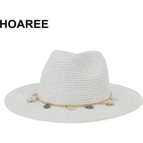 HOAREE White Panama Hat Women Summer Wide Brim Straw SunHat Ladies HatsTravel Beach British Style Brand New Female Fedora