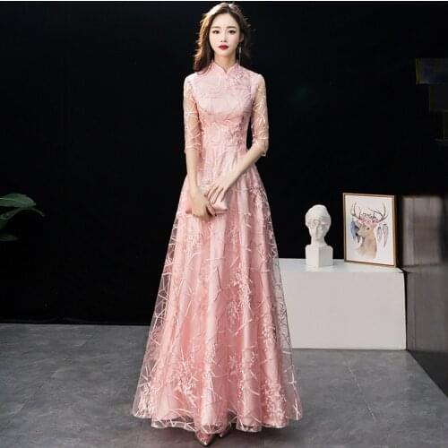 Special Occasion Dresses Illusion High Full Tulle Lace A-Line Embroidery Luxury Pink Vintage Floor-Length Women Prom Gown E840