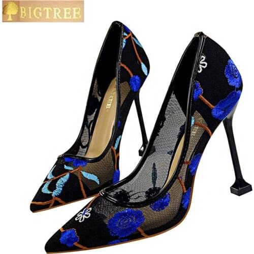 Women pumps 10CM Thin High heel Shallow mouth Pointed Toe Flowers Spiraea Lace Mesh Hollow Sexy Nightclub womens shoes