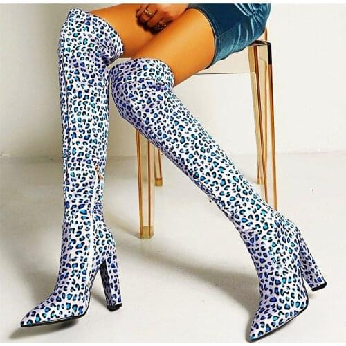 Party Pumps Women Sexy Leopard Fabric Pointed Toe Over the Knee High Boots Winter Warm Snow Tall Long Boots 33 34-43
