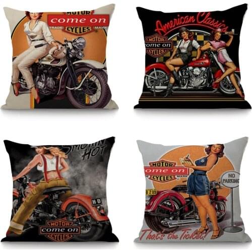 Vintage Motorcycle Racing Girl Cotton Linen Pillowcase Cover Chair Seat Cushion Cover Home Decorative Cushion Sofa Car Almofadas