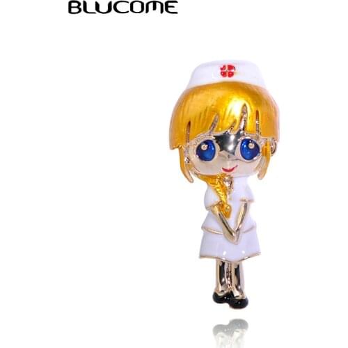 Blucome Cartoon Figure Nurse Shape Brooches For Women Girls Enamel Cosplay Nurse Suit Clothes Decorations Alloy Lapel Hijab Pins