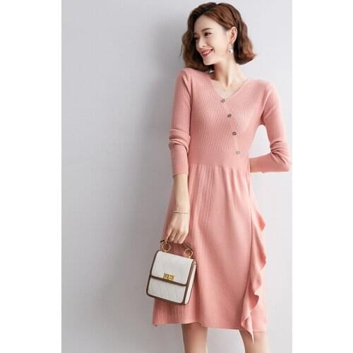 Ladies Dresses 2020 Autumn Winter Women V-neck Long Sleeve Knitted Sweater Dress