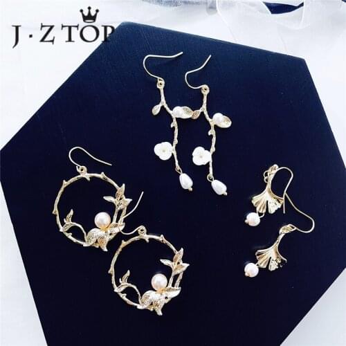 JZTOP Retro Flower Leaf Drop Earrings Woman Cute Bird Imitation Pearl Metal long Earrings Female Fashion Jewelry Oorbellen