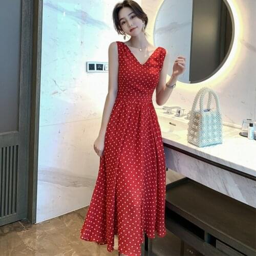 Office Lady Elegant Party Bandage Elegant A-Line Dress Summer Dot Red Dresses V Neck Sleeveless Tank Ruffle Women Maxi Dress