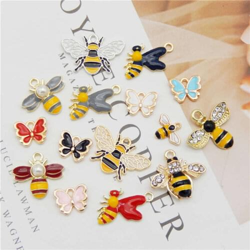 Julie Wang 15PCS Enamel Bee Charms Alloy Mixed Bumblebee Honeybee Butterfly Necklace Pendant Findings Jewelry Making Accessory