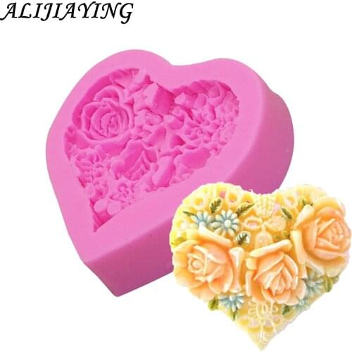 3D Rose Flower Bouquet Loving Heart Shape Valentines Day Gift Present Fondant Cake Mold Silicone Sugar Chocolate D0085