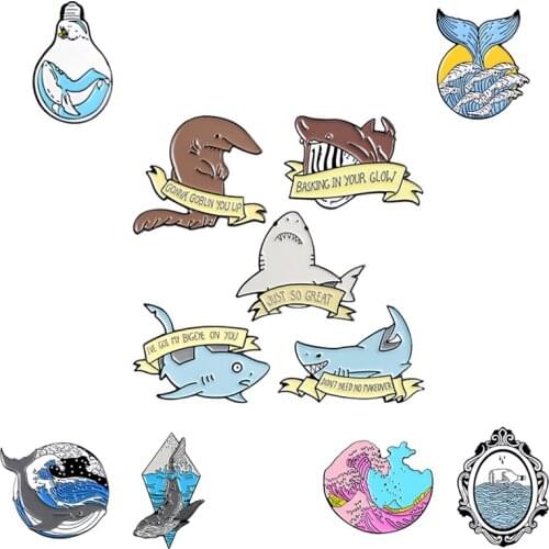Fierce Shark Whale Tail Pins Originality Light Bulb Pink Ocean Sea Wave Setting Sun Mirror Drift Bottle Sailboat Brooch jewelry