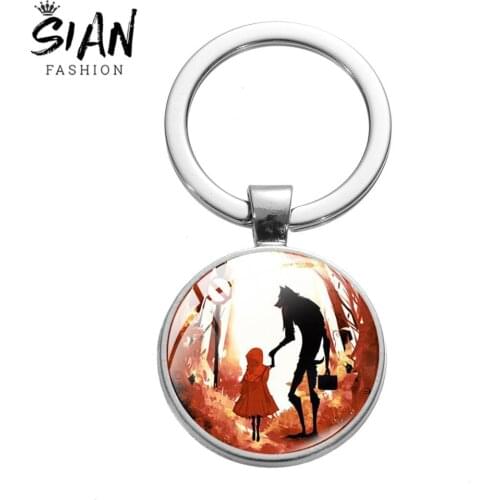 SIAN Latest Little Red Riding Hood Fairy Tale Keychain Wolf And Little Girl Cartoon Picture Glass Cabochon Keyring Bag Car Charm