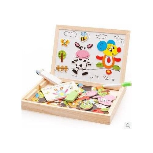 Wooden Box Early Educational Puzzle Toy Multifunctional Magnetic Doubld Sided Board Drawing And Stick Toy For Girls And Boys