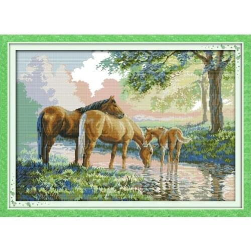 Joy Sunday Cross Stitch Kit Stamped Horse Family Pattern 14CT 11CT Printed Cross Stitch Kit Handmade Embroidery Needlework Sets
