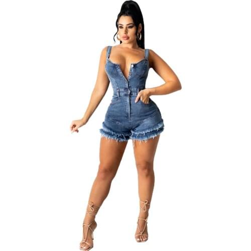 Slim Sleeveless Jeans Jumpsuit Denim Playsuit for Women 2021 Buttons Elegance Cotton Jeans Woman Rompers Womens Jumpsuit Shorts