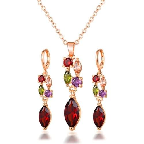 New Fashion Luxury Multicolor Drop Earrings & Necklace Sets Gold Color Wedding Accessories Bride Jewelry Sets For Women