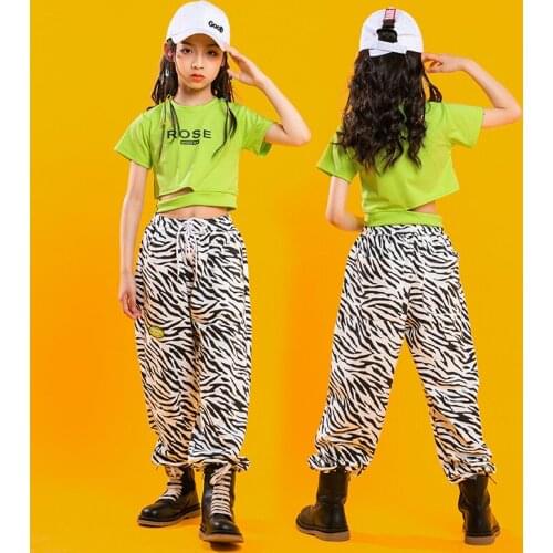 Girls Jazz Costume Hip Hop Girl Clothes Green Shirt Crop Top Zebra Print Jogger Pants Kids Street Dance Performance Rave Outfit