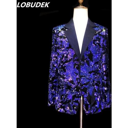Men Blue Purple Sequins Suit Jackets Glittering paillette Blazers Coat Nightclub Clothing Singer Vocal Concert DS Stage Costume