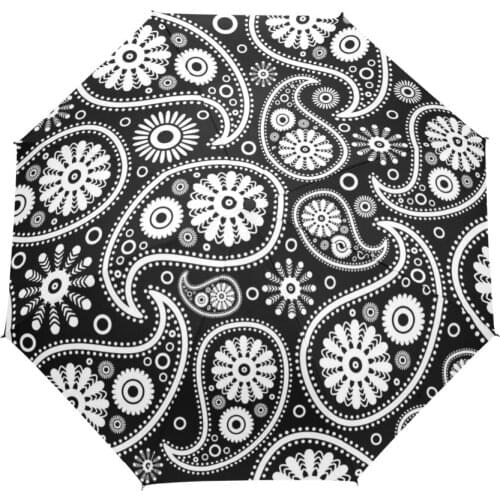 Hot Three Folding Rain Womens Umbrella Custom Auto Foldable Umbrella with Black and White Paisley Print Umbrellas