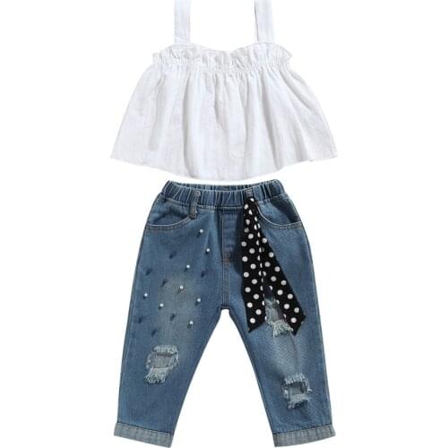 2021 2-7Y Fashion Kids Baby Girl Clothes Set White Solid Sleeveless Top Vest+Pearles Holes Denin Pants With Dot Belt Summer 2pcs