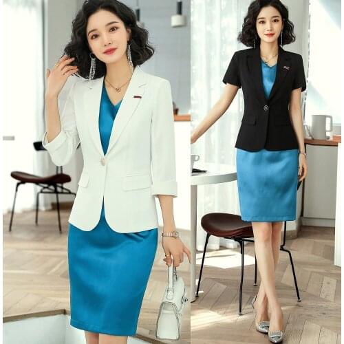 Fashion Ladies White Blazer Women Business Suits Work Wear Dress and Jacket Set Half Sleeve Elegant OL Styles