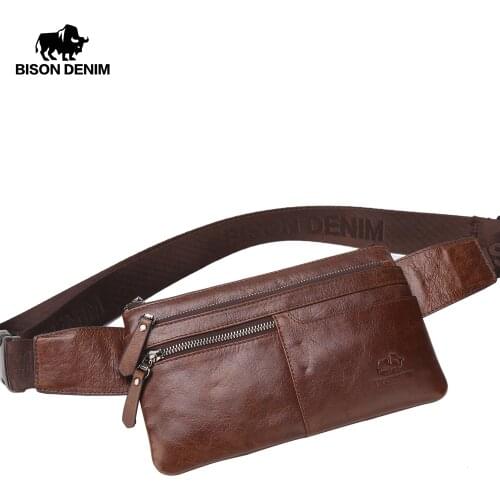 BISON DENIM Leather Waist Pack Genuine Leather Waist bag Ipad Mini Cowhide waist pack bag money belt waist pouch Men Bag W2443