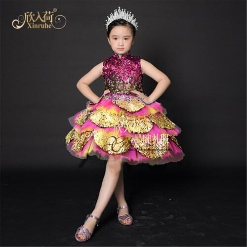 Puffy Pink Sequin Flower Girls Dresses Tutu Birthday Party Dresses Ball Gowns Girls Pink Golden Celebrity Dresses Luxury