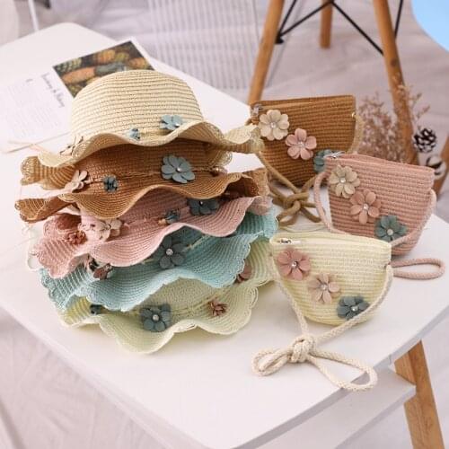 Parent-Child Summer Sunscreen Sunhat Matching Bag Pure Color Flowers Travel Holiday Kids Beach Caps For Women Girl Straw Hats