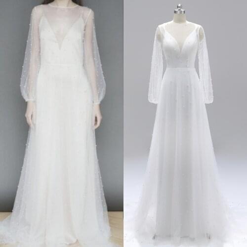 2 SET IN 1 Beading Pearl Backless Long Sleeve Bridal Gown Wedding Dress Real Photo Factory Price CUSTOM MADE