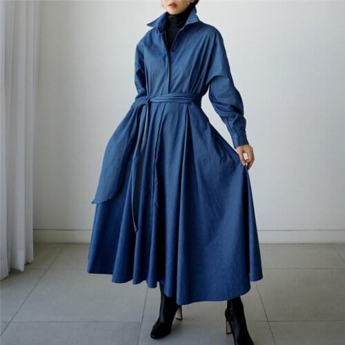 Lace Up Denim Trench Coat Long Sleeve Turn Down Collar Single Breasted Big Swing Jeans Windbreaker Autumn Clothes Women