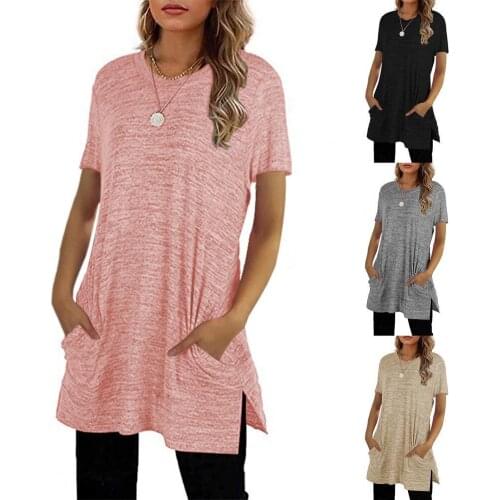 Women T-shirt Solid Color Pockets 2021 Autumn Casual Female Tee Shirt O Neck Short Sleeve Plus Size Lady Long Tshirt Top S-2XL