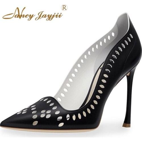 Nancyjayjii Women Black&White Pleather Oval Cut Out Novelty High Heels Stiletto Pumps Shoes for Woman Dress&Office,Size 4-16